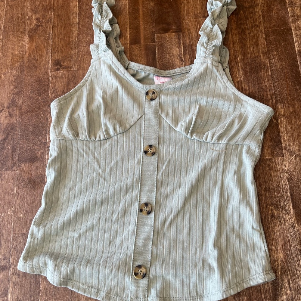 No Boundaries Green Ruffled Buttoned Tank Top